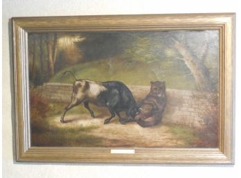 1897 Original Oil Painting Bull & Bear Wall Street Theme By B Johnson - Titled 'Can't Bear It'