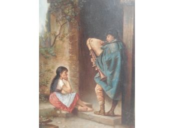 19th Century Original Oil Painting /panel Man Serenading A Woman By E Vega