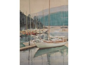 Ruth Linnell Berry (b 1909) Original Watercolor Painting - Sailboat Harbor Scene