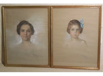 Pair Of 1930s Pastel Portraits Girl & Young Woman Illeg Signed - Longoni
