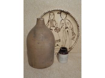 Lot Of 3 Pieces Of Stoneware Pottery - Swan Jug, Horse-radish Jar, Decorative Redware Charger