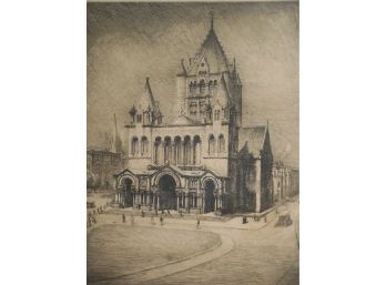 George Taylor Plowman (1869 - 1932) Artist Signed Original Etching - Trinity Church Boston Massachusetts
