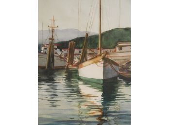 Ruth Linnell Berry (b 1909) Original Watercolor Painting - Fishing Boats Harbor Scene