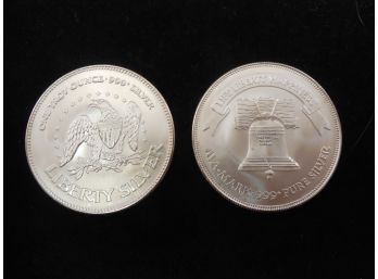 Lot Of 2 - 1 Troy Oz Silver Rounds .999 - Liberty Silver #1
