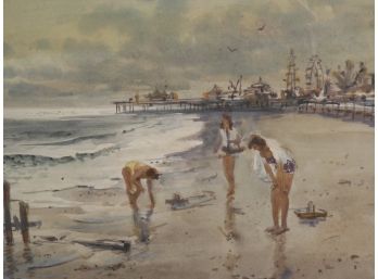 Sven Ohrvel Carlson (1911 - 2006) Original Watercolor Painting Figures On The Beach W/ Ferris Wheel In Back