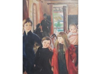 Mid 20th Century Original Illustration Oil Painting Figures - Family At Sunday Service By M Cross