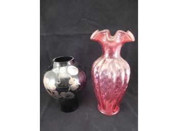 2 Vintage Fenton Art Glass  Vases - One Artist Signed