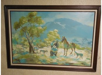 20th Century Original Oil Painting - Western Mt Scene With Cowboys & Horses - Illeg Signed