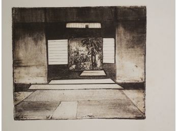 Mid Century Modernist Original  Collagraph By Emily Marks - Abstract Interior Looking Out Window