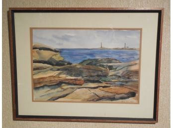 Vintage Original Watercolor Thacher Island Twin Lights By Ruth Stone Hym ?