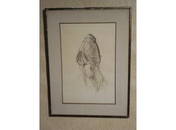 French ? Illegibly Signed Mid Century Modernist Lithograph Of A Woman