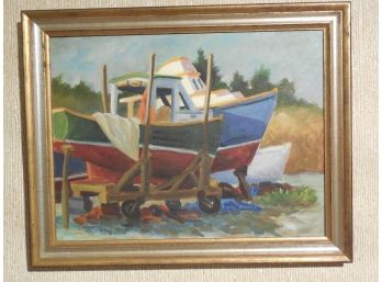 Ann Lindenmuth Fisk (1929 - 2009) Original Oil Painting  Boats In Drydock - Rockport AA Exhibition Label