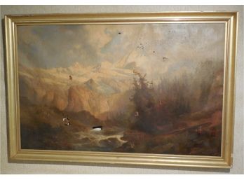 1864 Massive Original Oil Painting Expansive Mountain Scene - Artist Signed  ?? Needs Restoration