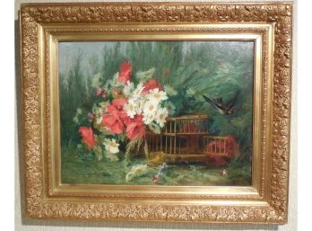 Andre Perrachon (1827 - 1909) Original Oil Painting Floral With Bird In Flight