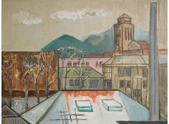 Hagiwara Mid Century Japanese School Modernist Original Oil Painting  - Cityscape With Mountains