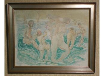 David Curtis Baker (1915 - 1999) NH Artist, Original Vitreous Flux Painting - Nude Bathers Diana's Bath