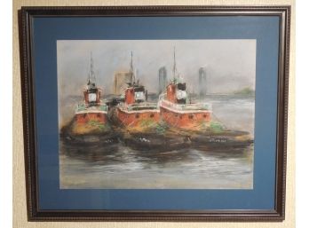James (Jim) Mickelson (1926 - 1998) Newburyport Artist - 3 Tug Boats In The Harbor - Original Pastel/ Paper