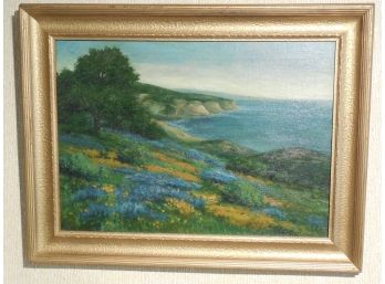 1923 Original Oil Painting By D A Gorman - California Coastal Scene With Poppies And Blue Bonnets