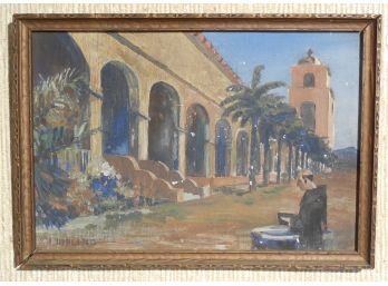 Early 20th Century Oil Painting Santa Barbara Mission California - Illeg Signed Uppling ?