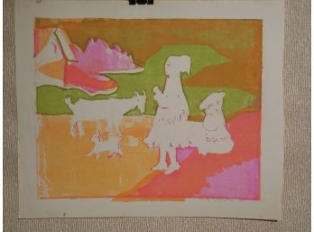 Paula Canale Wolfson (1908-2002) Original Mid Century Modernist Serigraph - Girl With Her Goats