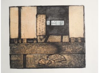 2Mid Century Modernist Original  Collagraph Print By Emily Marks - Abstract Interior