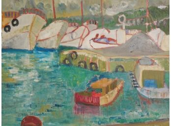 Hagiwara Mid Century Japanese School Modernist Original Oil Painting  -harbor Scene With Boats