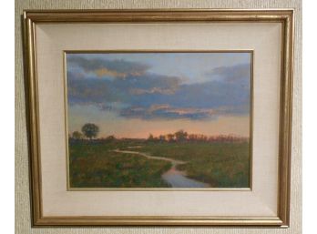 Frank W. Handlen (Born 1916) Original Luminist Oil Painting / Board - Marsh Sunrise Scene