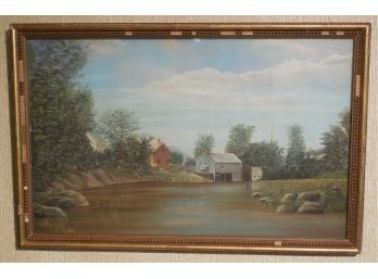 1883 Original Primitive Folk Art Pastel - New England River Scene - Signed A. R. Sherrill