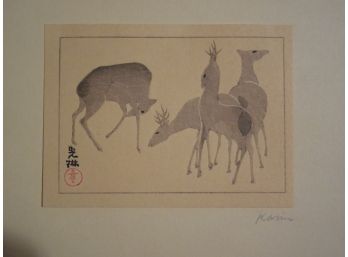 Cute Little Mid 20th Century Artist Signed Japanese Woodblock Of Deer