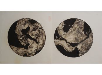 2 Mid Century Modernist Original  Collagraph Prints By Emily Marks - Circular Abstracts