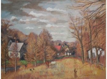 Simka Simkhovitch (1893 - 1949) Original Mixed Media/ Gouache Painting - Farm With Horses