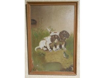Very Cute Antique Folky Original Oil Painting Of 2 Puppies And A Frog - By A S Buley ?