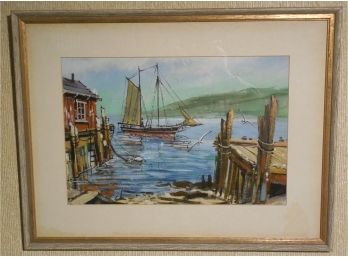 Mid 20th Century Original Gouache Painting - Cape Ann, Rockport School - Dock Scene With Sailboat