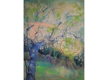 Mid Century Japanese School Modernist Original Oil Painting  - Cherry Blossoms II