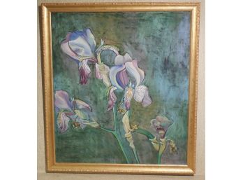 Very Large 34x38 Mid 20th Century Original Oil Painting - Larger Than Life Purple Irises