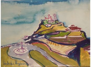Hagiwara Mid Century Japanese School Modernist Original Watercolor Painting - Coastal Scene I