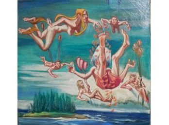 Herbert Leopold (1920-2009) Large Original Surreal Oil Painting - Flying Nudes
