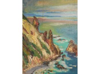Hagiwara Mid Century Japanese School Modernist Original Oil Painting  -  Costal Cliff Seascape