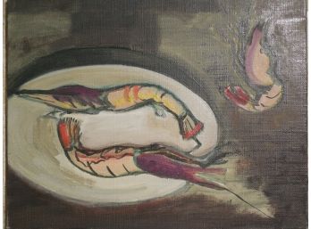 Hagiwara Mid Century Japanese School Modernist Original Oil Painting  -  Shrimp - Prawns
