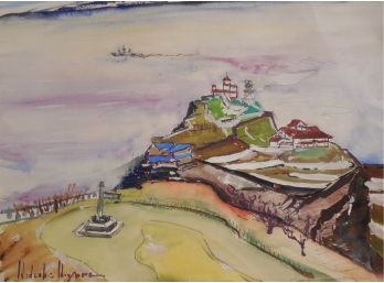 Hagiwara Mid Century Japanese School Modernist Original Watercolor Painting - Coastal Scene II