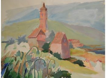 Paula Canale Wolfson (1908-2002) Original Mid Century Modernist Painting - Mountainside Church