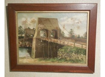 19th Century Original Oil Painting - The Chain Bridge In Newburyport / Amesbury, Massachusetts