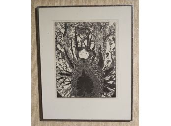 1977 Original Linoleum Cut Print - Insect In The Forrest - Illeg Signed & Dated