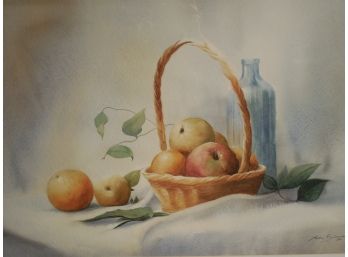 1986 Original Watercolor Still Life Painting With Basket Of Fruit - Illeg. Signed Max G?