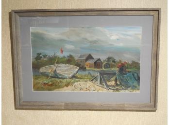 Bruce Handiside Mitchell (1908 - 1963) Large Original Painting - Fisherman Mending / Drying Nets