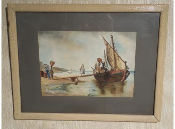 Antique Original Watercolor Painting - Italian / Mediterranean Shore Scene