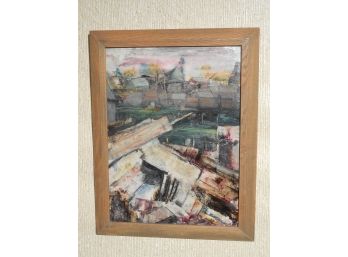 Early 20th Century Original Cubist Oil Painting Wharf Scene - School Of Lyonel Feininger