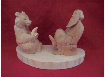 Vintage Russian Wood Carving Of A Man & Bear