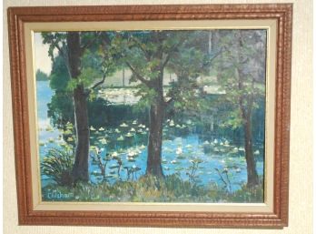 1969 Original Oil Painting Lily Pond In July By Clisham