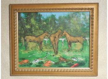 James (Jim) Mickelson (1926 - 1998) Original Oil Painting - Horses In The Field